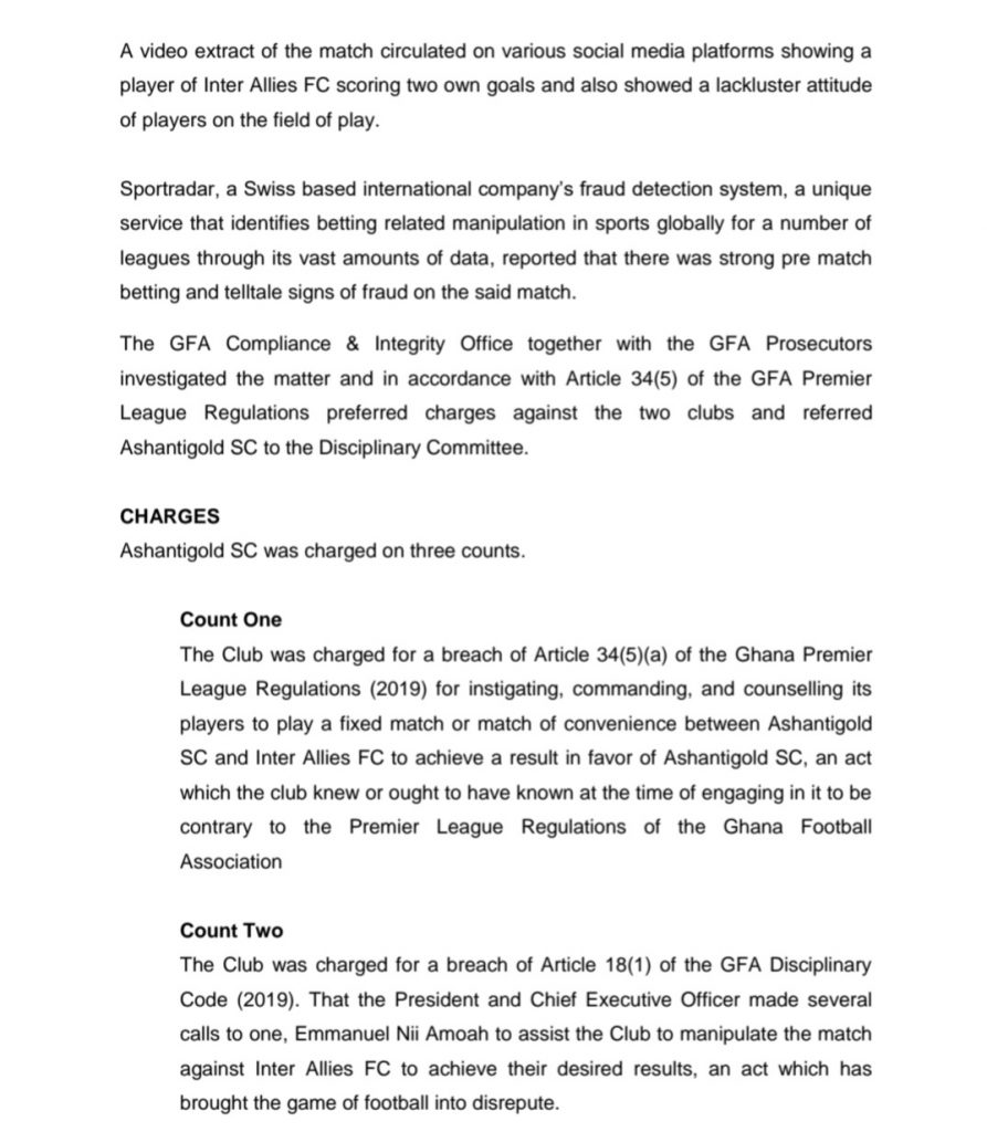 Ashanti Gold SC found guilty, demoted to division 2-GFA 2