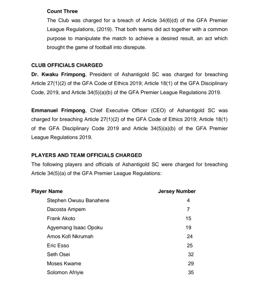 Ashanti Gold SC found guilty, demoted to division 2-GFA 3