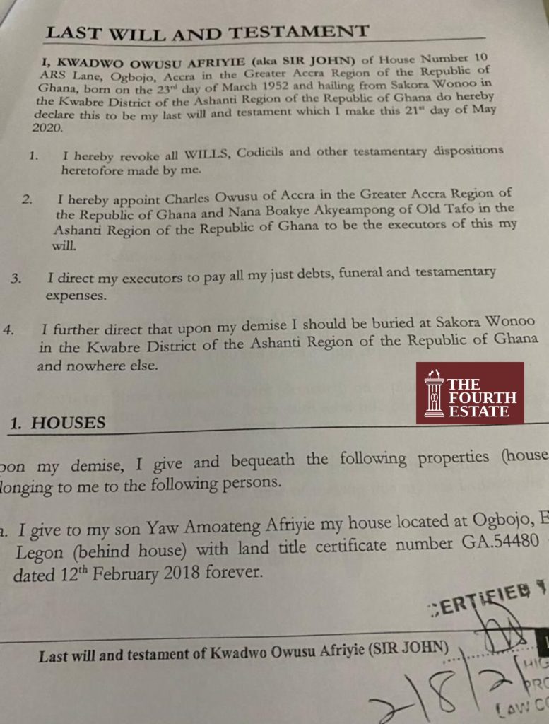 FULL DETAILS: Achimota Forest lands, gold businesses and guns in Sir John’s will 1