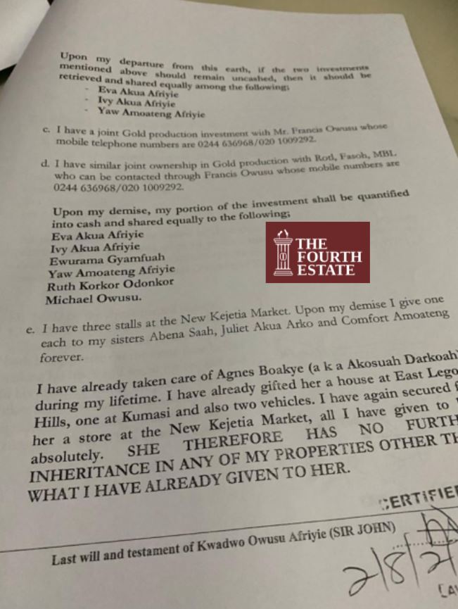 FULL DETAILS: Achimota Forest lands, gold businesses and guns in Sir John’s will 10