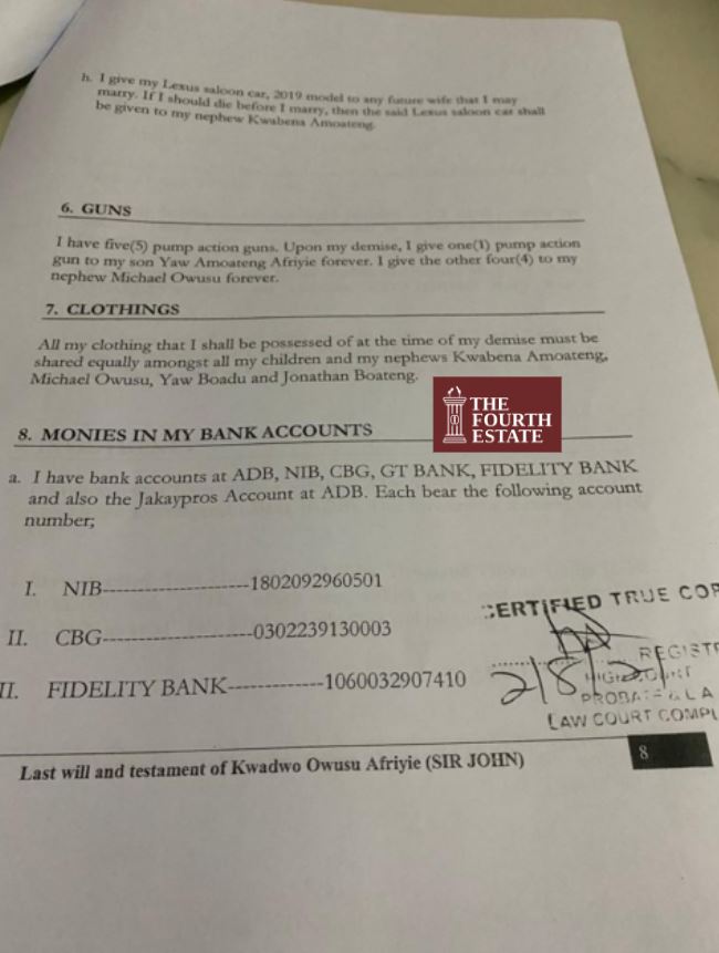 FULL DETAILS: Achimota Forest lands, gold businesses and guns in Sir John’s will 8