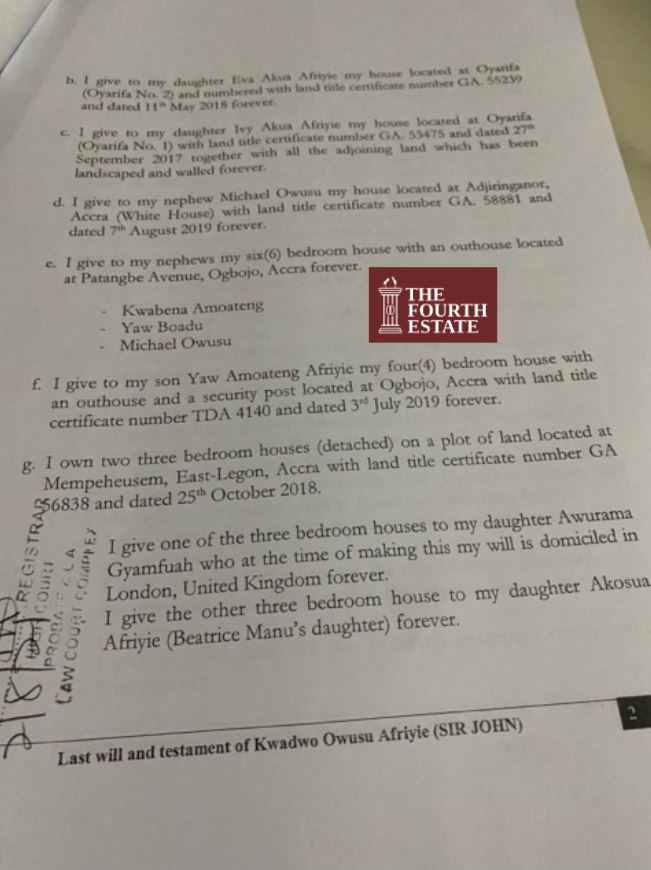 FULL DETAILS: Achimota Forest lands, gold businesses and guns in Sir John’s will 2