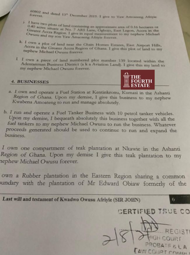 FULL DETAILS: Achimota Forest lands, gold businesses and guns in Sir John’s will 6