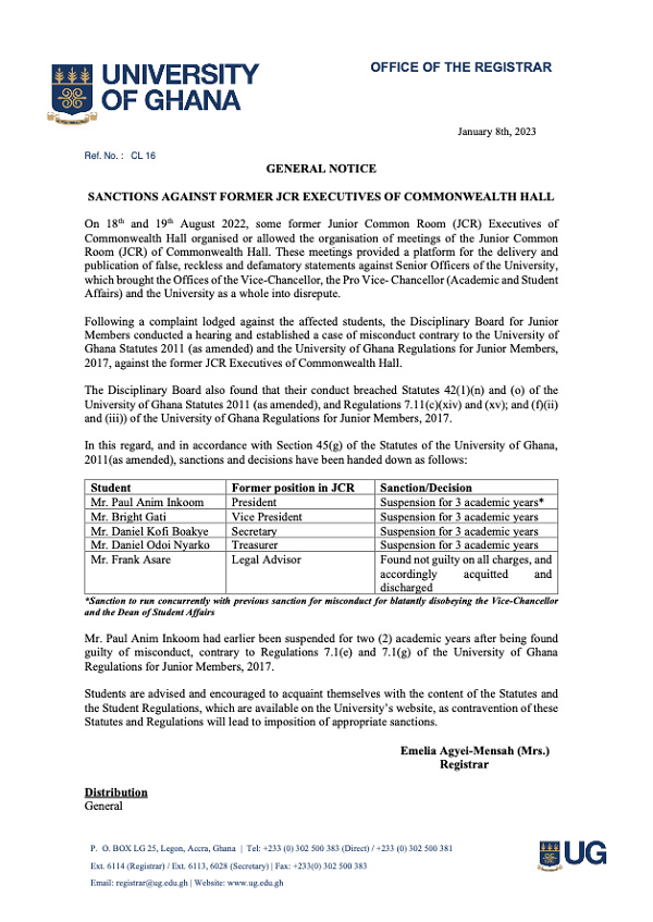University of Ghana suspends 4 Commonwealth Hall Executives for 3years 2