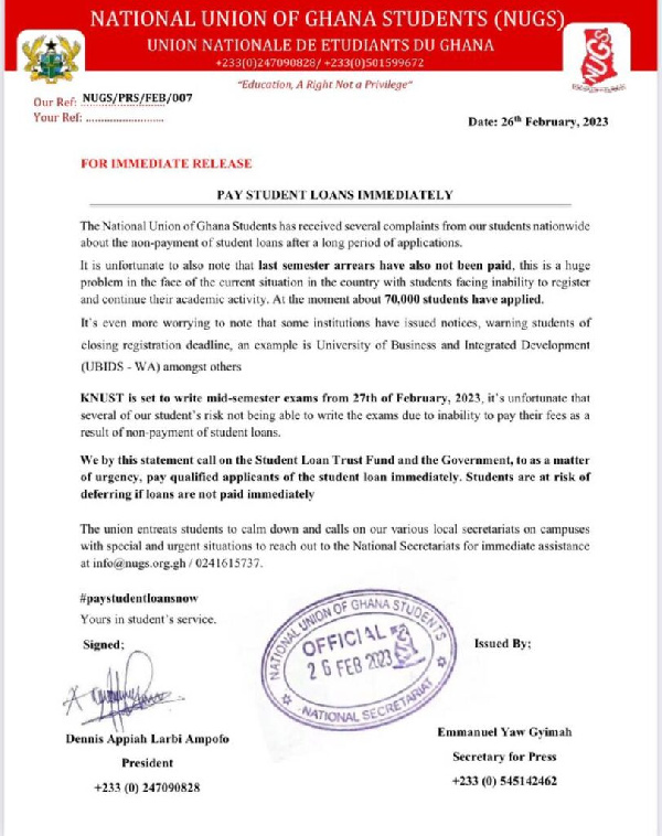 Students risk deferment over non-payment of student loans – NUGS 2