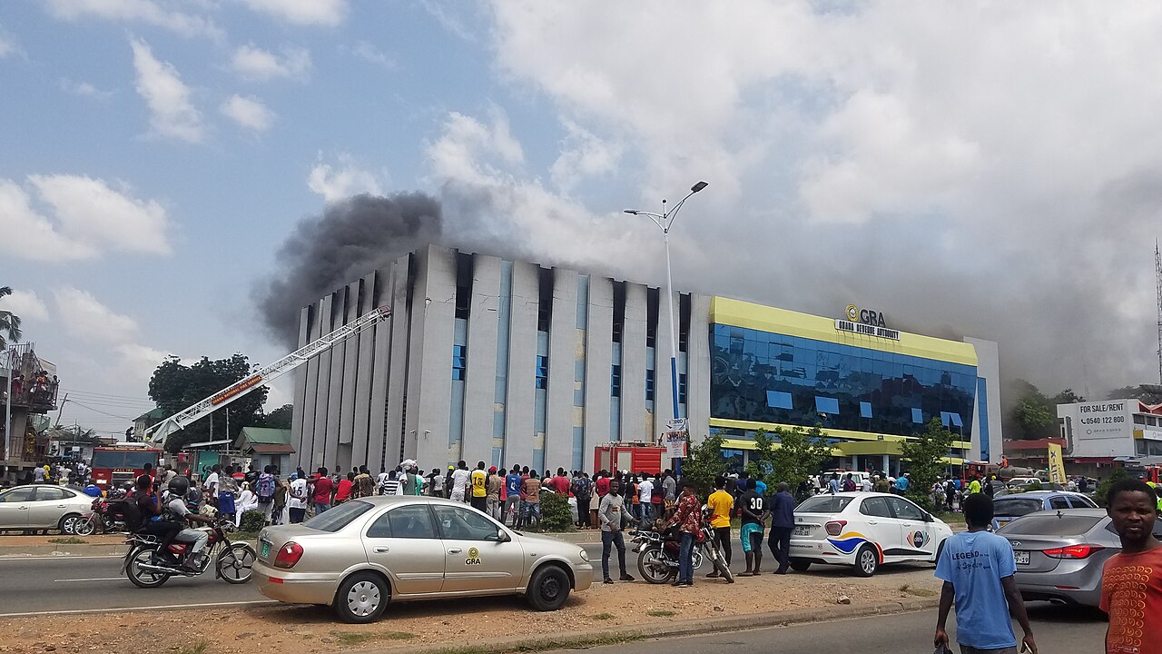 Emergency response personnel at a fire disaster scene in Ghana