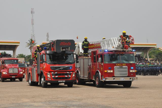GNFS rescue personnel responding to a vehicle accident scene in Ghana
