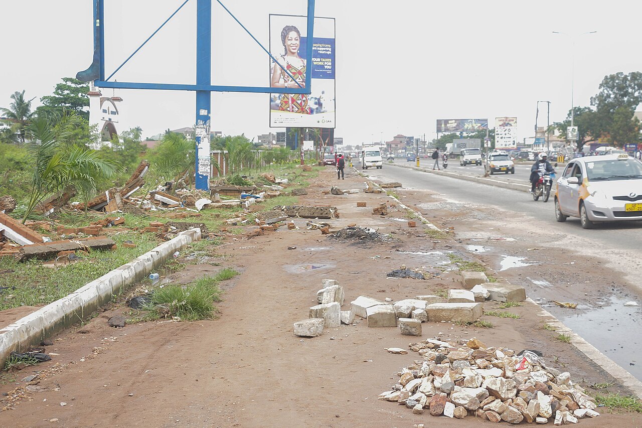 Flooded residential area in Hohoe, Volta Region, showing affected houses and displaced residents.